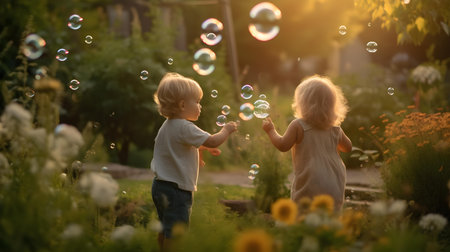 Little boy and girl playing with soap bubbles in the garden at sunsetの素材