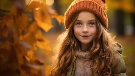 Portrait of a beautiful little girl in a hat and coat on a background of autumn park.の素材