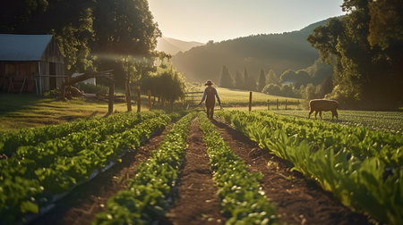Farmers working on a field of lettuce in the morning light.の素材