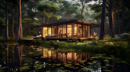 3D rendering of a modern house in the forest with a beautiful pondの素材