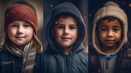 Portrait of a group of children in winter clothes. studio shotの素材