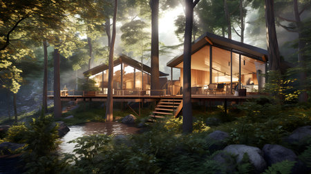 Modern cozy chalet in the forest at night. 3D renderingの素材