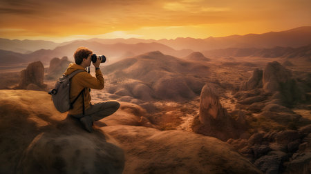 Photographer taking photos of beautiful landscape at sunset. 3d renderingの素材