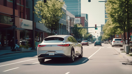 White sport car driving on a city street with motion blur effect.の素材