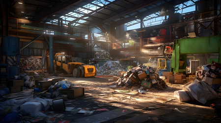 Industrial interior of a large industrial plant with lots of garbage.の素材