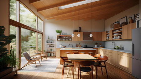 Interior of modern kitchen with wooden walls, wooden floor, wooden cupboards and dining table with chairs. 3d renderingの素材