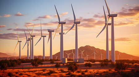 Windmills for electric power production, Zaragoza Province, Aragon, Spain.の素材