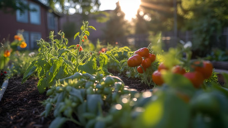 Tomatoes growing in the garden at sunset. Selective focus.の素材