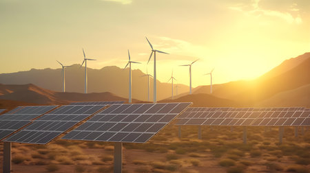3d render of solar panels and wind turbines in desert at sunsetの素材
