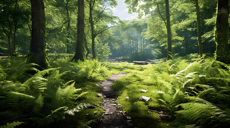 Beautiful landscape image of a forest and a path in the middleの素材