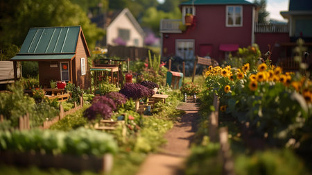 Miniature garden with sunflowers and wooden houses in the backgroundの素材
