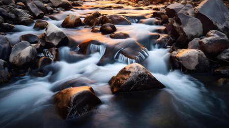Long exposure of water flowing over rocks and stones in a stream at sunsetの素材