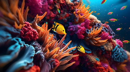 Underwater world with colorful corals and fish. 3d illustrationの素材