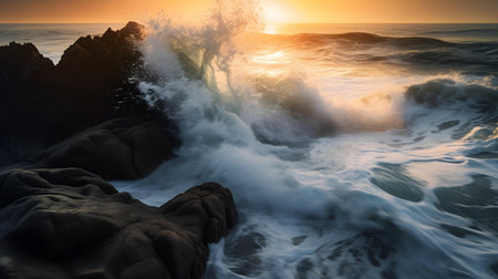 Beautiful seascape with waves crashing on the rocks at sunsetの素材