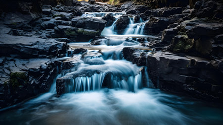 Long exposure of a small waterfall flowing through the rocks in a forestの素材