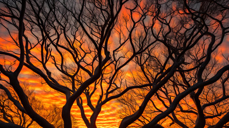 Dramatic sunset with tree branches silhouettes in the foreground.の素材