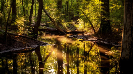 Beautiful river in the forest with sun rays and reflection in waterの素材
