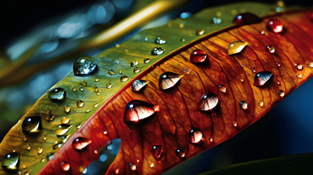 Water drops on a leaf, closeup of a wet leaf.の素材