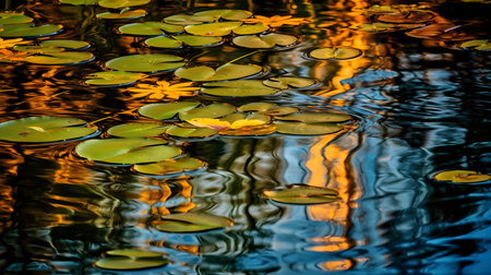 Autumn leaves floating on the surface of the water. Reflection in the water.の素材