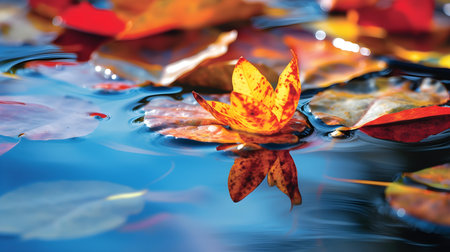 Autumn leaves floating on water surface, shallow depth of field.の素材