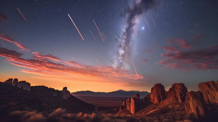 Fantasy alien planet. Mountain and starry sky. 3D illustrationの素材