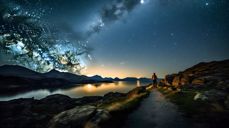 Man standing on the edge of a cliff watching the milky wayの素材
