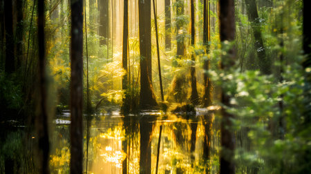 Beautiful redwood forest reflected in the water. Abstract nature background.の素材