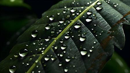 Water drops on a green leaf. Shallow depth of field.の素材