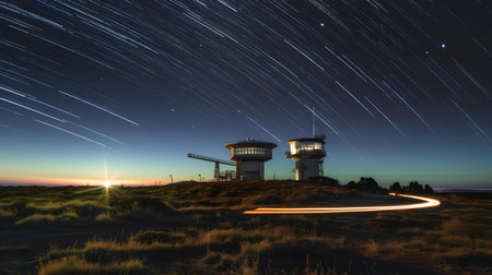 3D rendering of a radar station in the desert at night with starsの素材