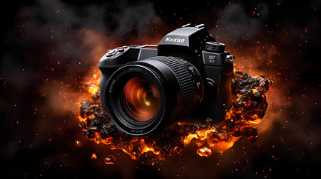 Digital camera with fire in the background. 3d rendering, 3d illustration.の素材