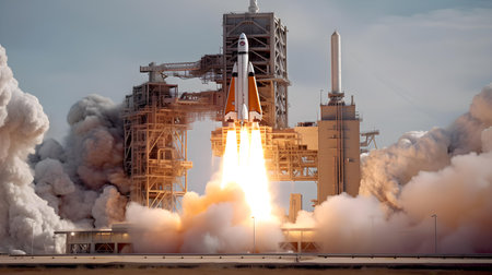 Space rocket takes off from the space station. 3D rendering.の素材