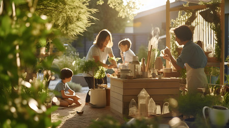 Happy family with kids preparing for gardening at home on sunny summer dayの素材