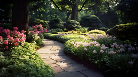 Beautiful spring garden with flowers in the morning light, vintage toneの素材
