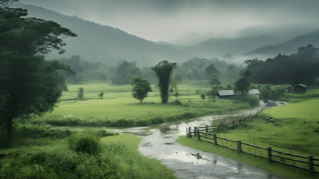 Landscape of rice field in the morning with fog and mountain backgroundの素材