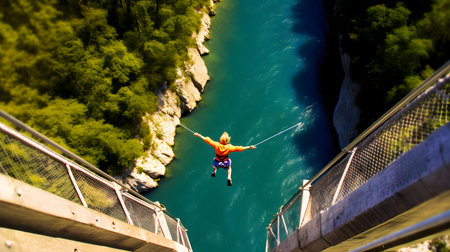 A woman is jumping over a price by a rope. Extreme sports.の素材