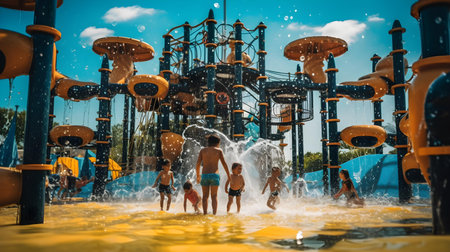 Children playing in a water park on a hot summer day. Kids having fun on water slides.の素材