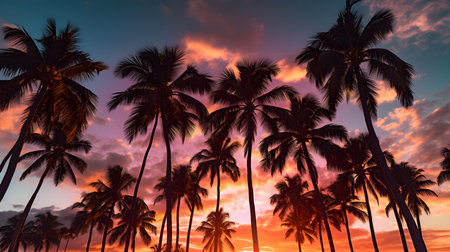 Silhouette of coconut palm tree on colorful sunset sky background.の素材