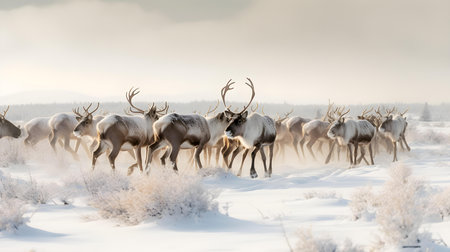 A herd of reindeer in the snow on a cold winter dayの素材