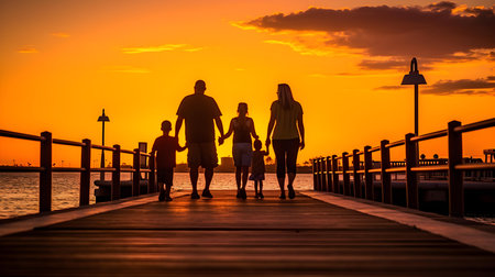 Silhouette of happy family walking on the wooden pier at sunsetの素材