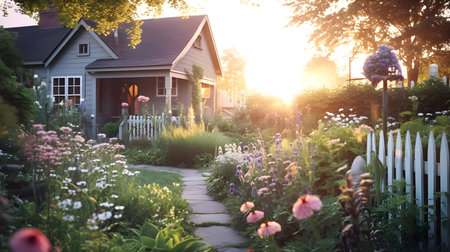 Sunset in the garden with beautiful houses and flowerbeds.の素材