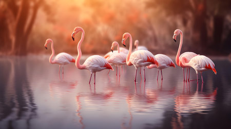 Group of flamingos in the water at sunset, nature background.の素材