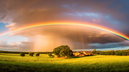 Rainbow over a farm house in the middle of a green fieldの素材