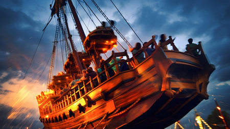 Pirate ship in the sea at sunset. The concept of travel and adventure.の素材
