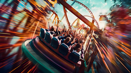Crowd of people having fun on roller coaster in amusement park.の素材