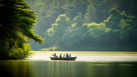 Fishermen in a rowboat on a lake in the morningの素材