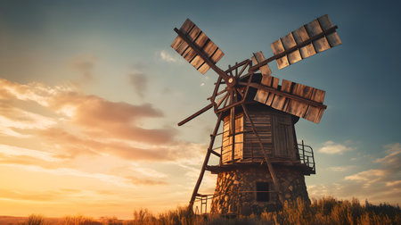 Old wooden windmill in the field at sunset, 3d renderの素材
