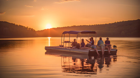 A group of friends enjoying a boat ride on a lake at sunsetの素材