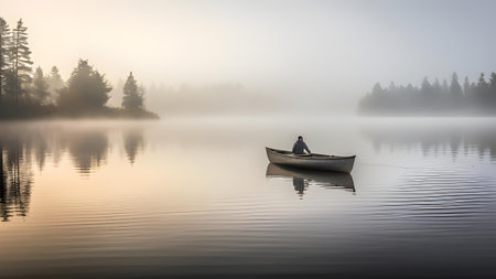 Fisherman in a boat on a foggy lake in the morningの素材
