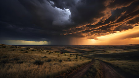 Dramatic stormy sky over a dirt road in the steppeの素材