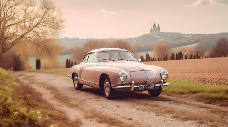 Retro car in the countryside.の素材